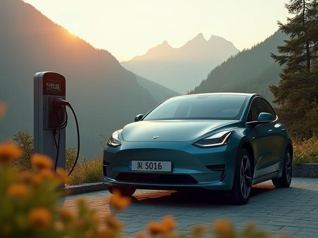 Ein Elektroauto, das an einer Ladestation in einer malerischen Berglandschaft Österreichs lädt.