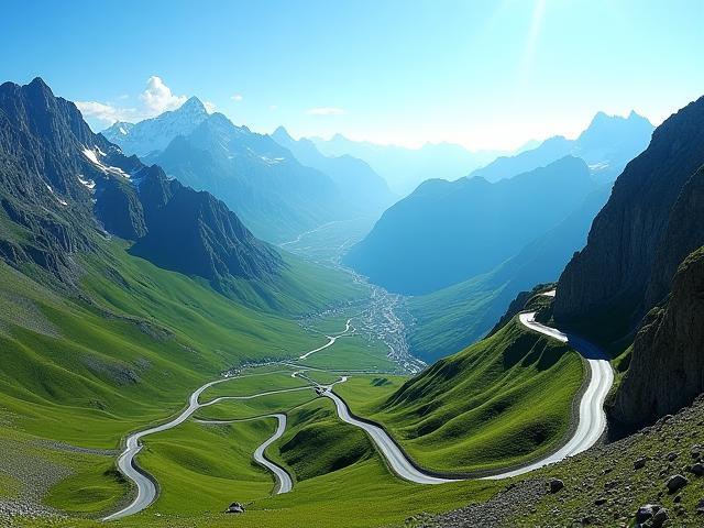 Die kurvenreiche Großglockner-Hochalpenstraße schlängelt sich durch grüne Alpentäler unter einem blauen Himmel.