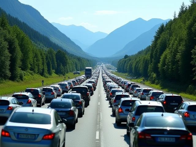 Eine lange Reihe von Autos im Stau auf einer österreichischen Autobahn während der Hauptreisezeit, mit Bergen im Hintergrund.