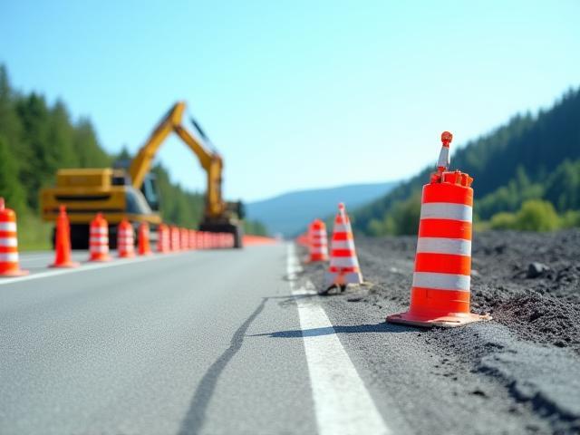Eine Baustelle auf einer Autobahn mit orangenen Warnschildern und Kegeln, die auf mögliche Verkehrsbehinderungen und Umleitungen hinweist.